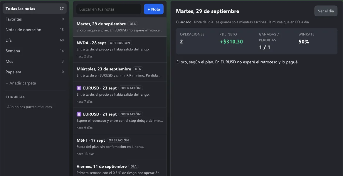 El diario con datos de demostración: carpetas a la izquierda, la lista de notas de día y de operación en el centro y, a la derecha, la nota del martes 29 de septiembre con las cifras de ese día.