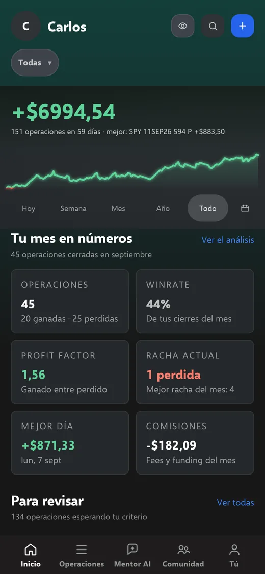 Inicio de MentorTrader en el móvil: el resultado acumulado, su curva y el mes en números (datos de demostración).