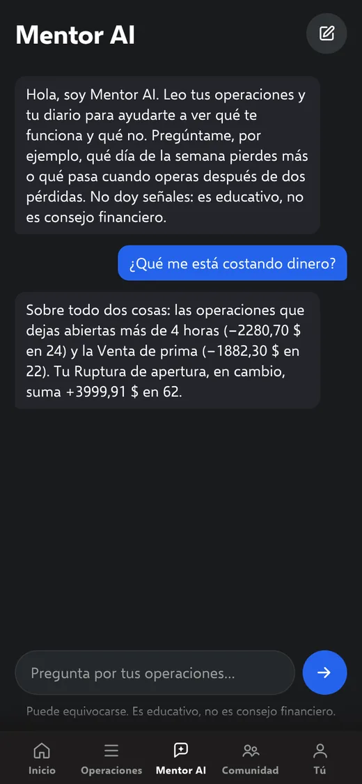 Mentor AI en el móvil: contesta qué te está costando dinero con las cifras de tus operaciones (conversación de demostración).